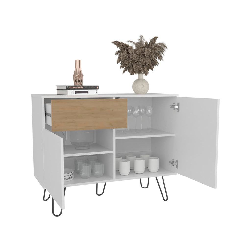 39" Wide White & Oak Console Table with 2 Cabinets, 1 Drawer, 4 Shelves T12790