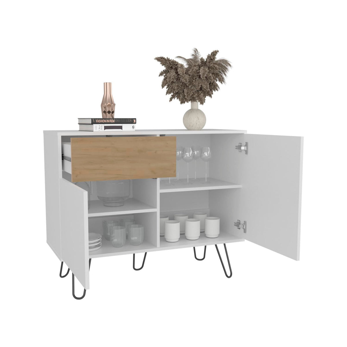 39" Wide White & Oak Console Table with 2 Cabinets, 1 Drawer, 4 Shelves T12790