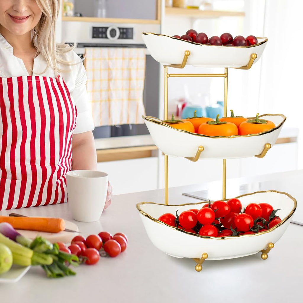 White Ceramic 3 Tier Fruit Bowl with Metal Stand R512