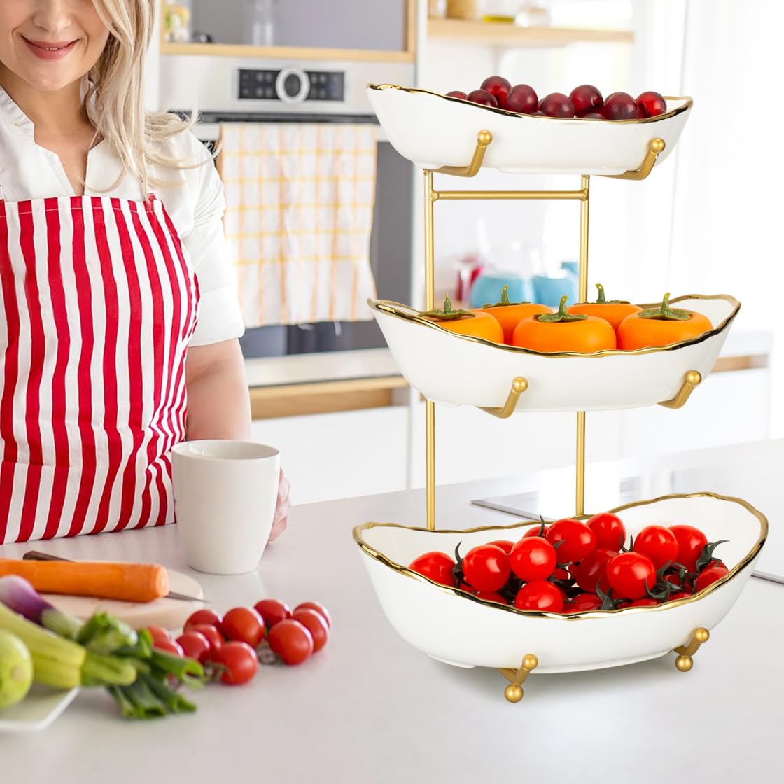 White Ceramic 3 Tier Fruit Bowl with Metal Stand R512