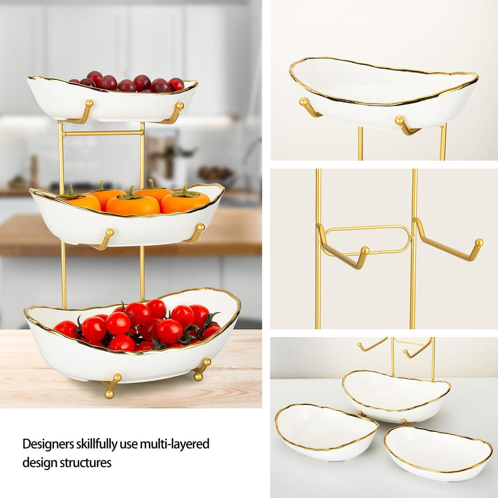 White Ceramic 3 Tier Fruit Bowl with Metal Stand R512