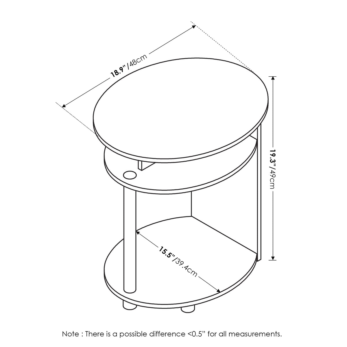 Set of 2 Round End Table with Oval Tabletop and Open Shelf, Walnut L711