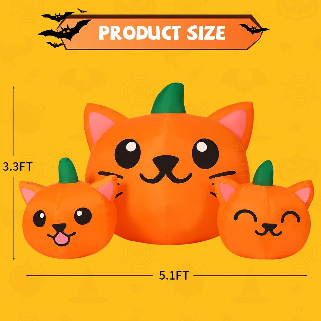 5FT Inflatable Three Pumpkin Cat Head with Built-in LEDs K256