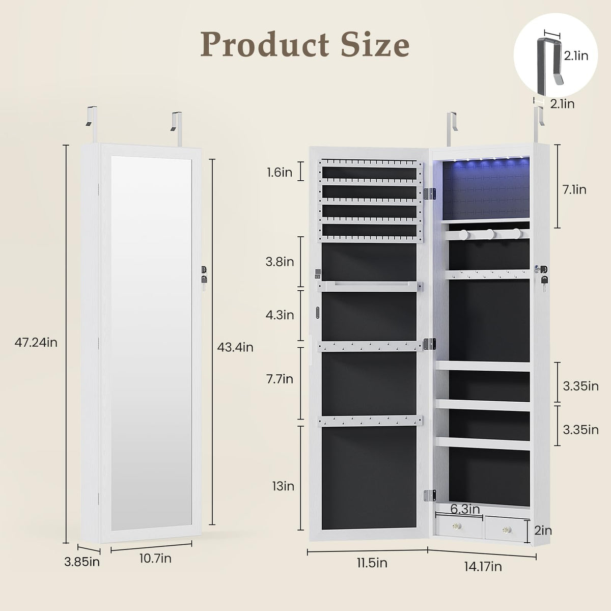 White 6 LEDs Mirror Jewelry Cabinet D22539
