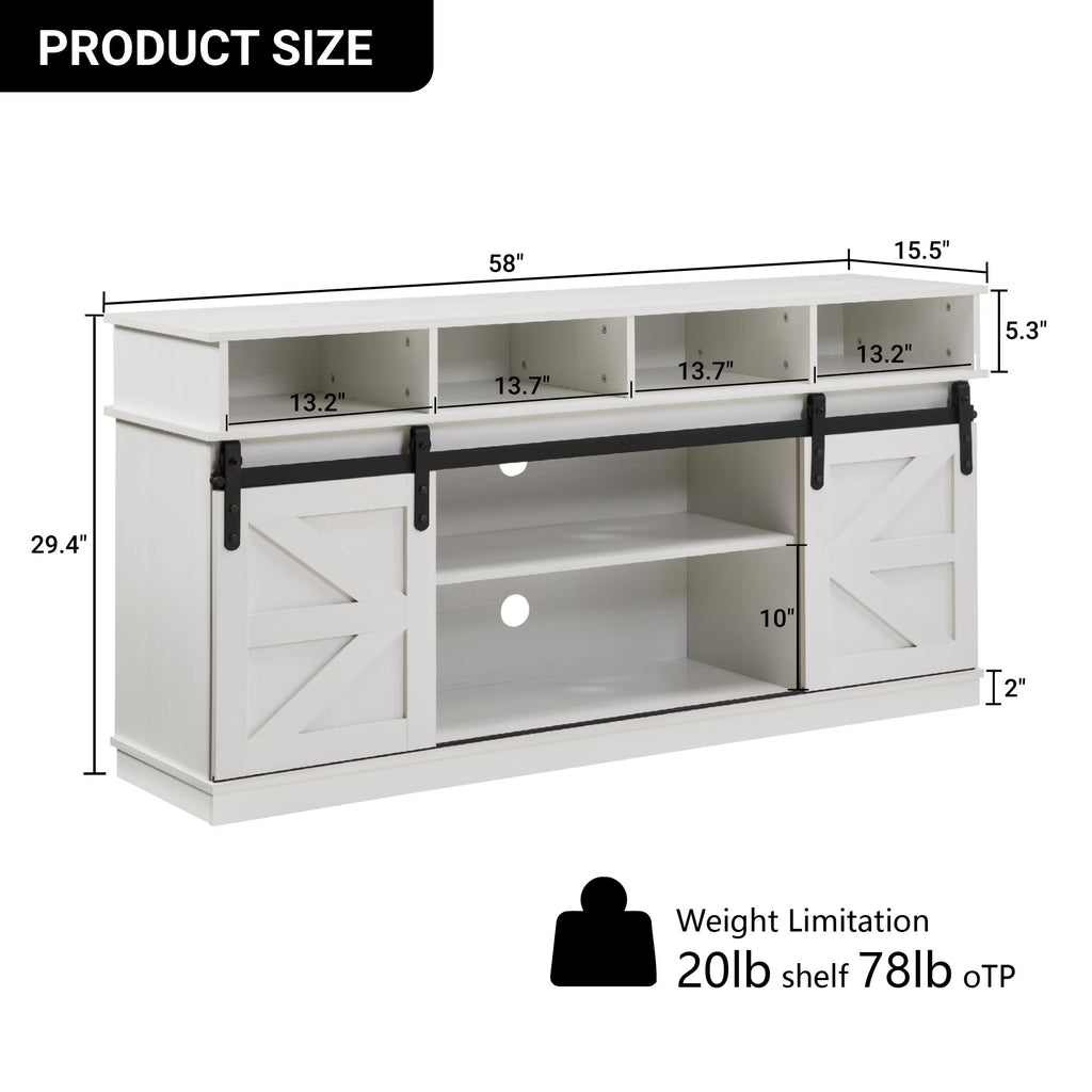 White 58" Farmhouse TV Stand with Sliding Barn Doors T6930