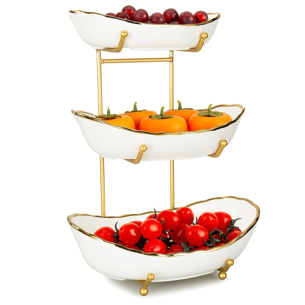 White Ceramic 3 Tier Fruit Bowl with Metal Stand R512
