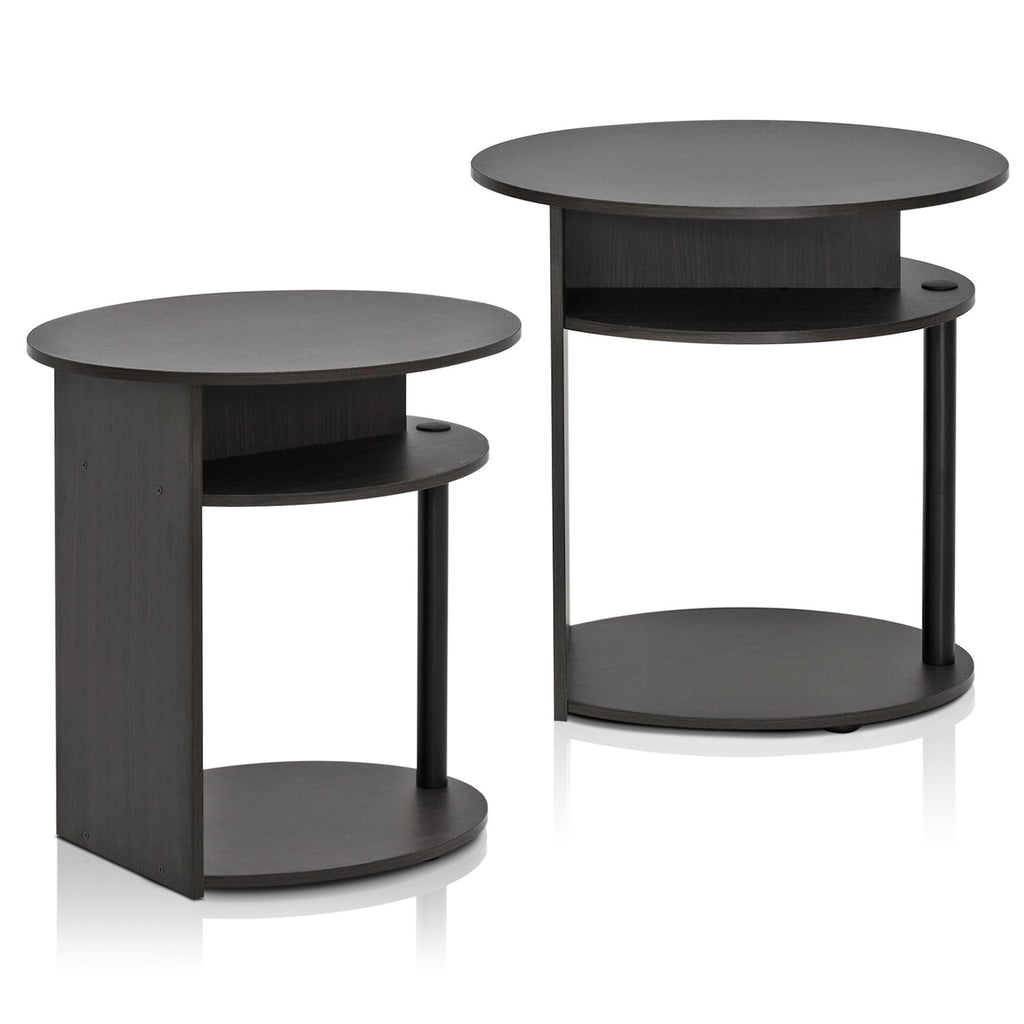 Set of 2 Round End Table with Oval Tabletop and Open Shelf, Walnut L711
