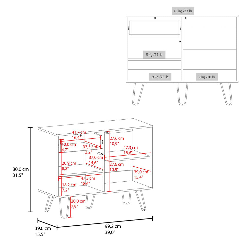 39" Wide White & Oak Console Table with 2 Cabinets, 1 Drawer, 4 Shelves T12790