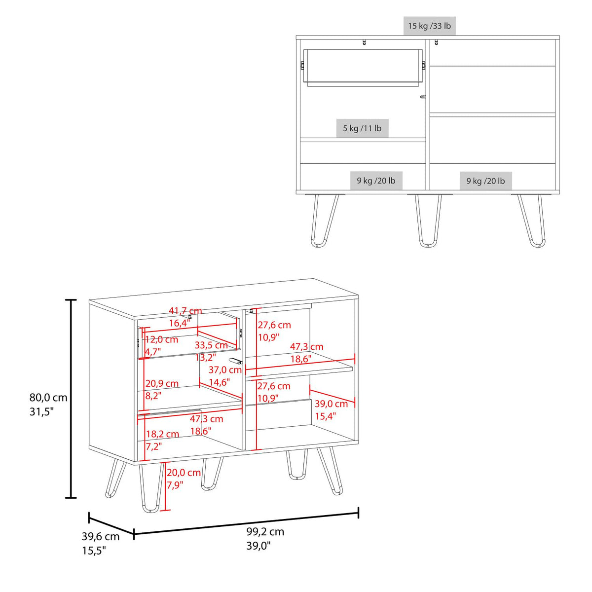 39" Wide White & Oak Console Table with 2 Cabinets, 1 Drawer, 4 Shelves T12790