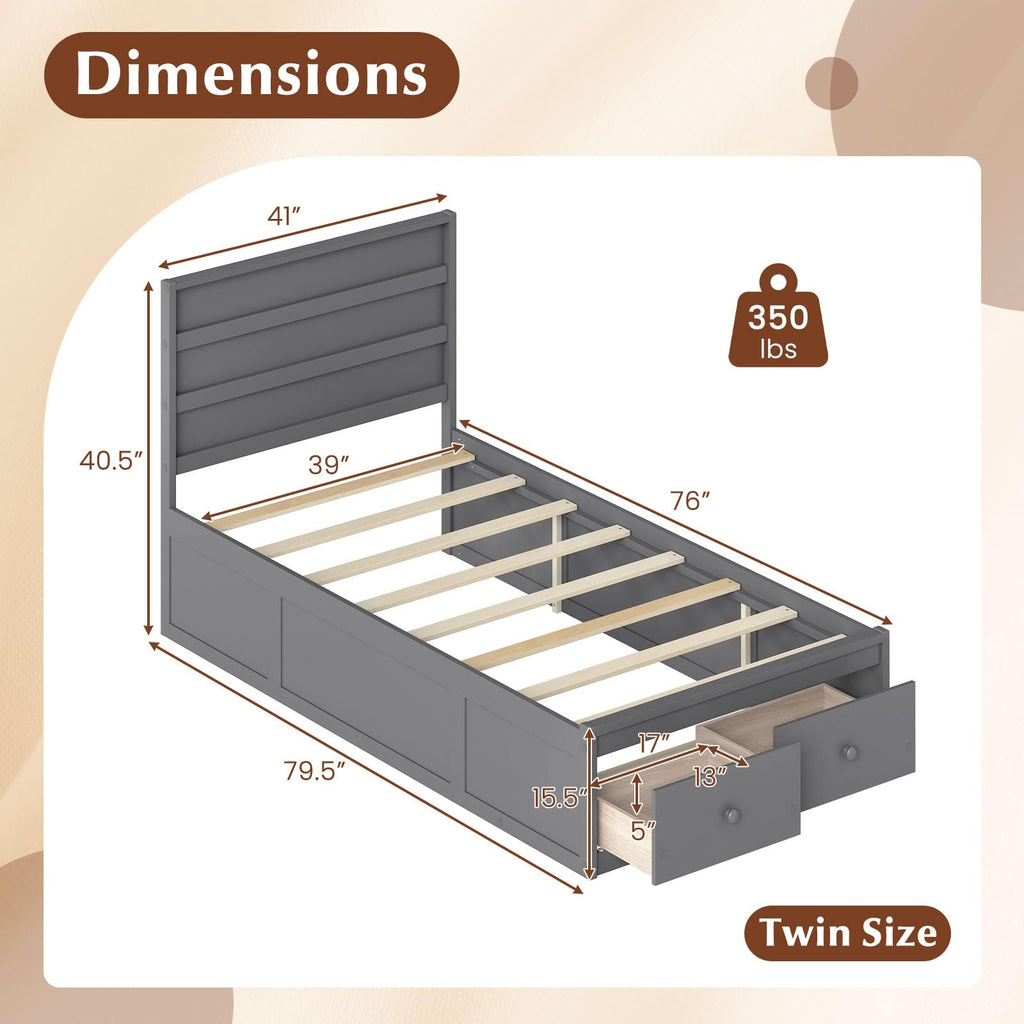 Grey Twin Wood Platform Bed with Storage Drawers E1858