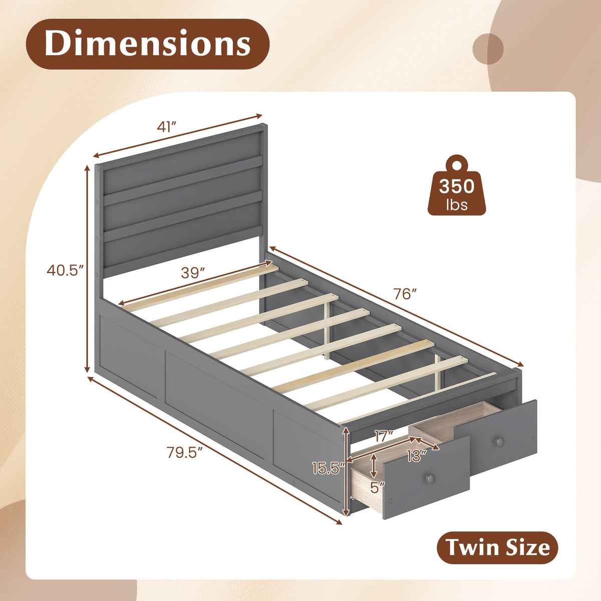 Grey Twin Wood Platform Bed with Storage Drawers E1858