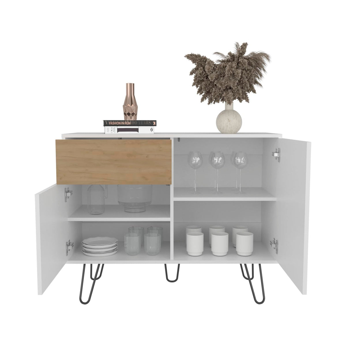 39" Wide White & Oak Console Table with 2 Cabinets, 1 Drawer, 4 Shelves T12790