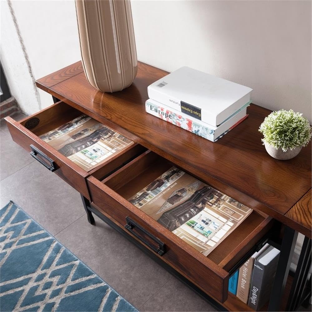 Industrial Wood Console Table with 2 Drawers and Storage Shelf Q561121