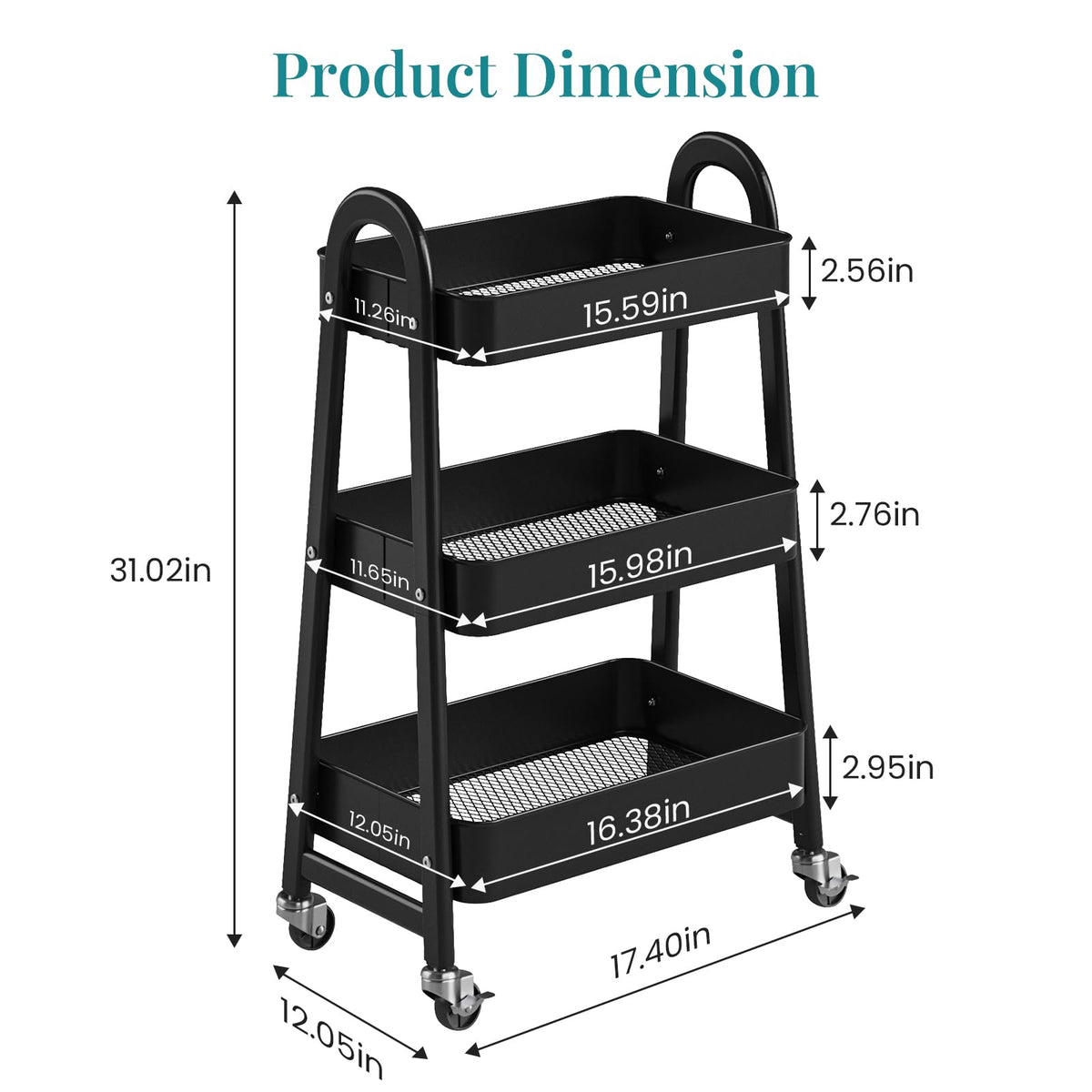 3-Tier Metal Rolling Utility Cart with Lockable Wheels S583