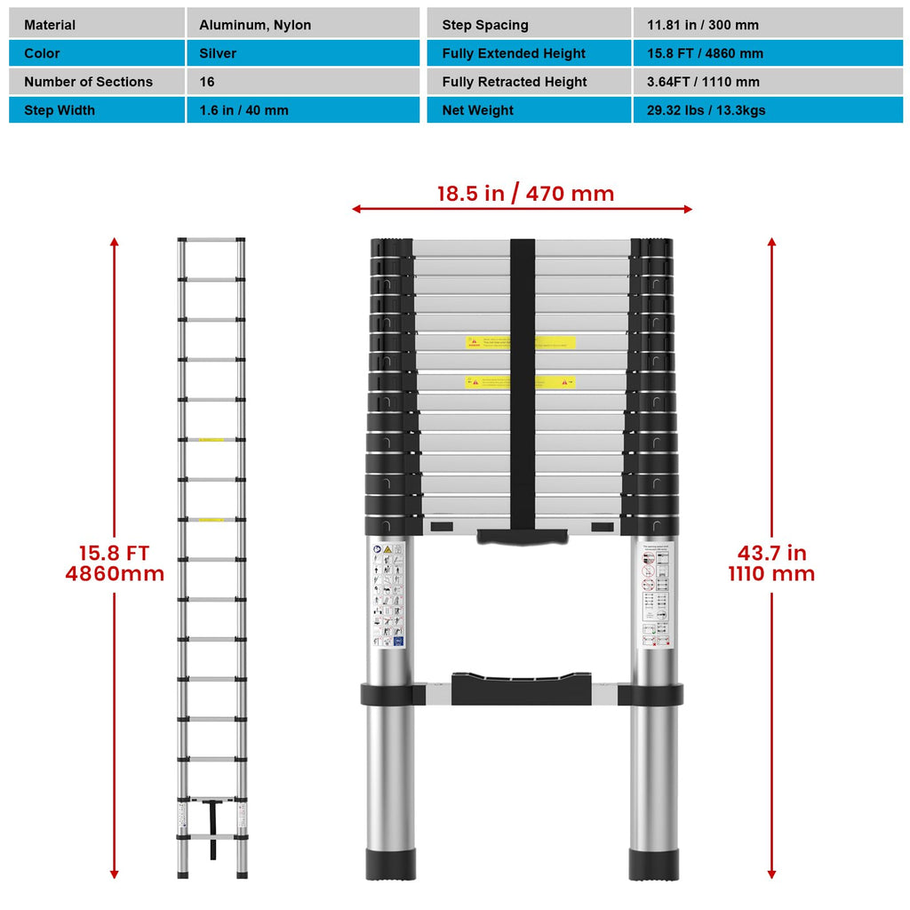 15.8FT Aluminum Telescoping Ladder 330LBS Capacity O181