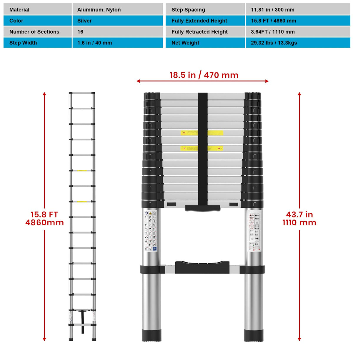 15.8FT Aluminum Telescoping Ladder 330LBS Capacity O181