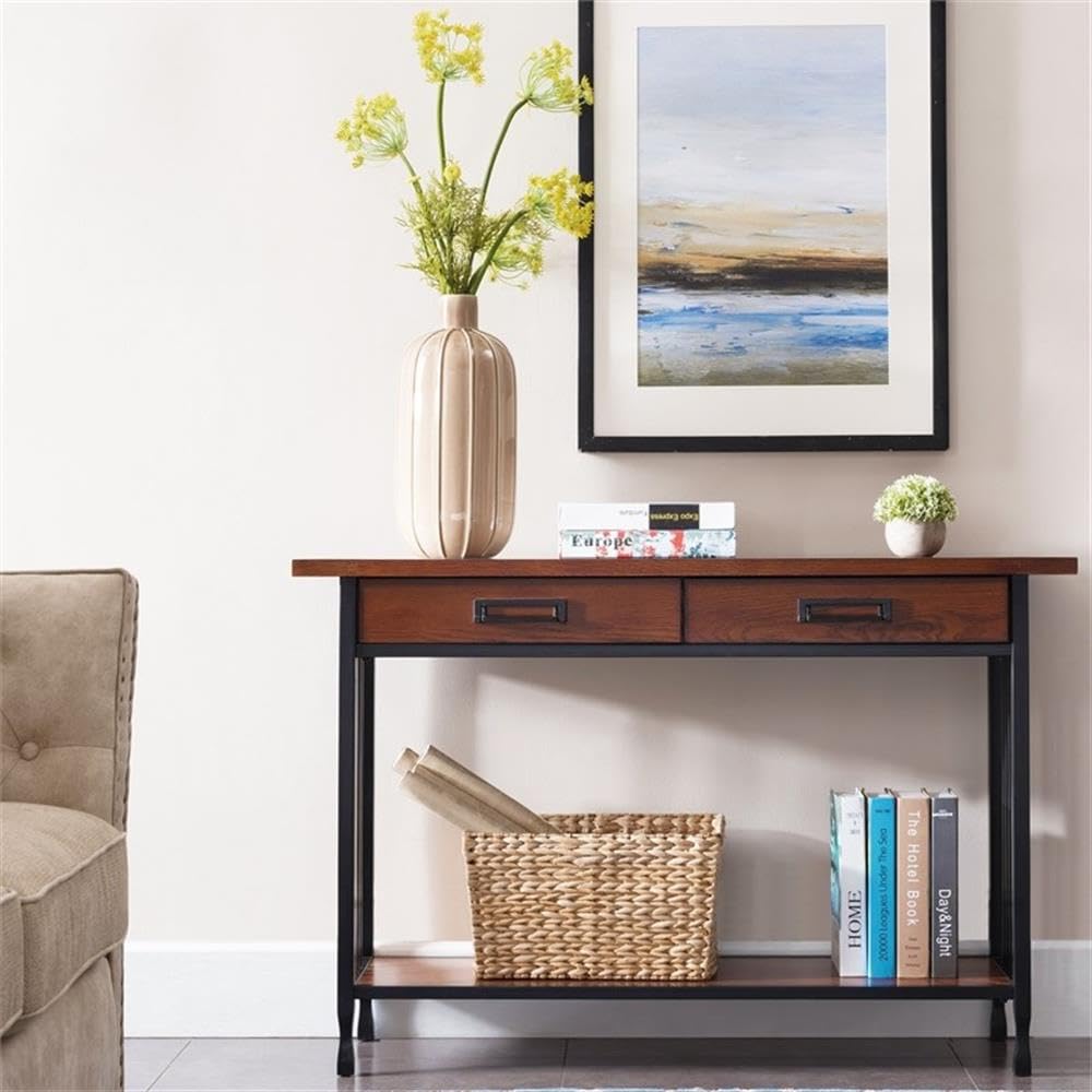 Industrial Wood Console Table with 2 Drawers and Storage Shelf Q561121