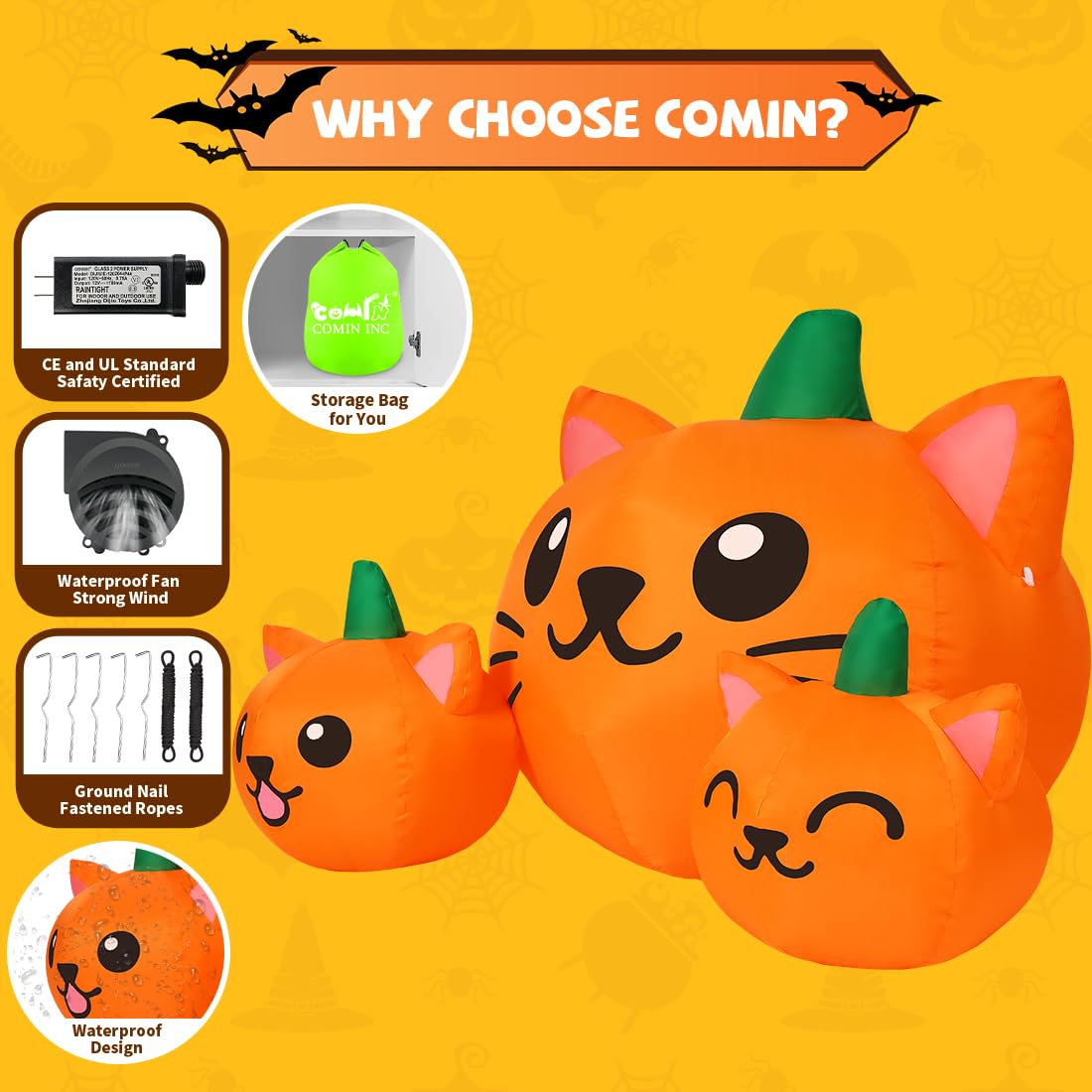 5FT Inflatable Three Pumpkin Cat Head with Built-in LEDs K256