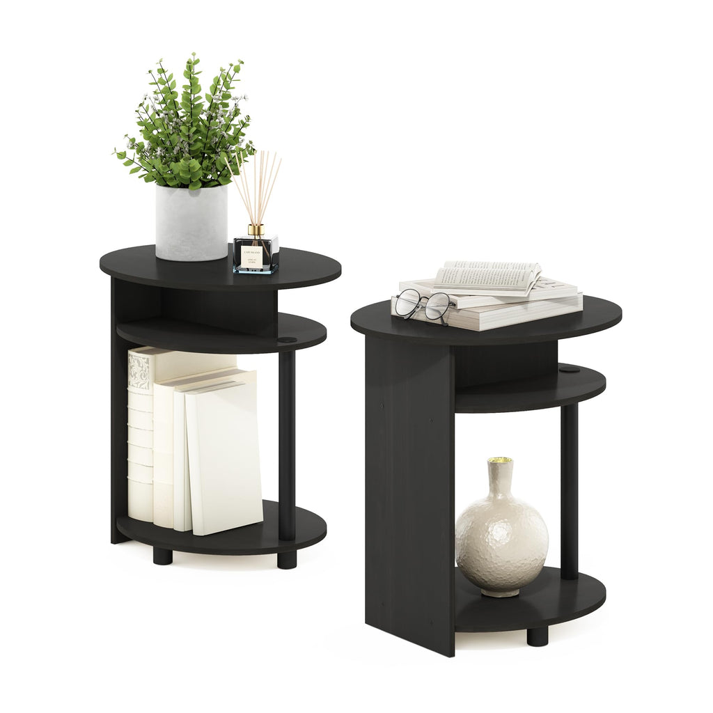 Set of 2 Round End Table with Oval Tabletop and Open Shelf, Walnut L711