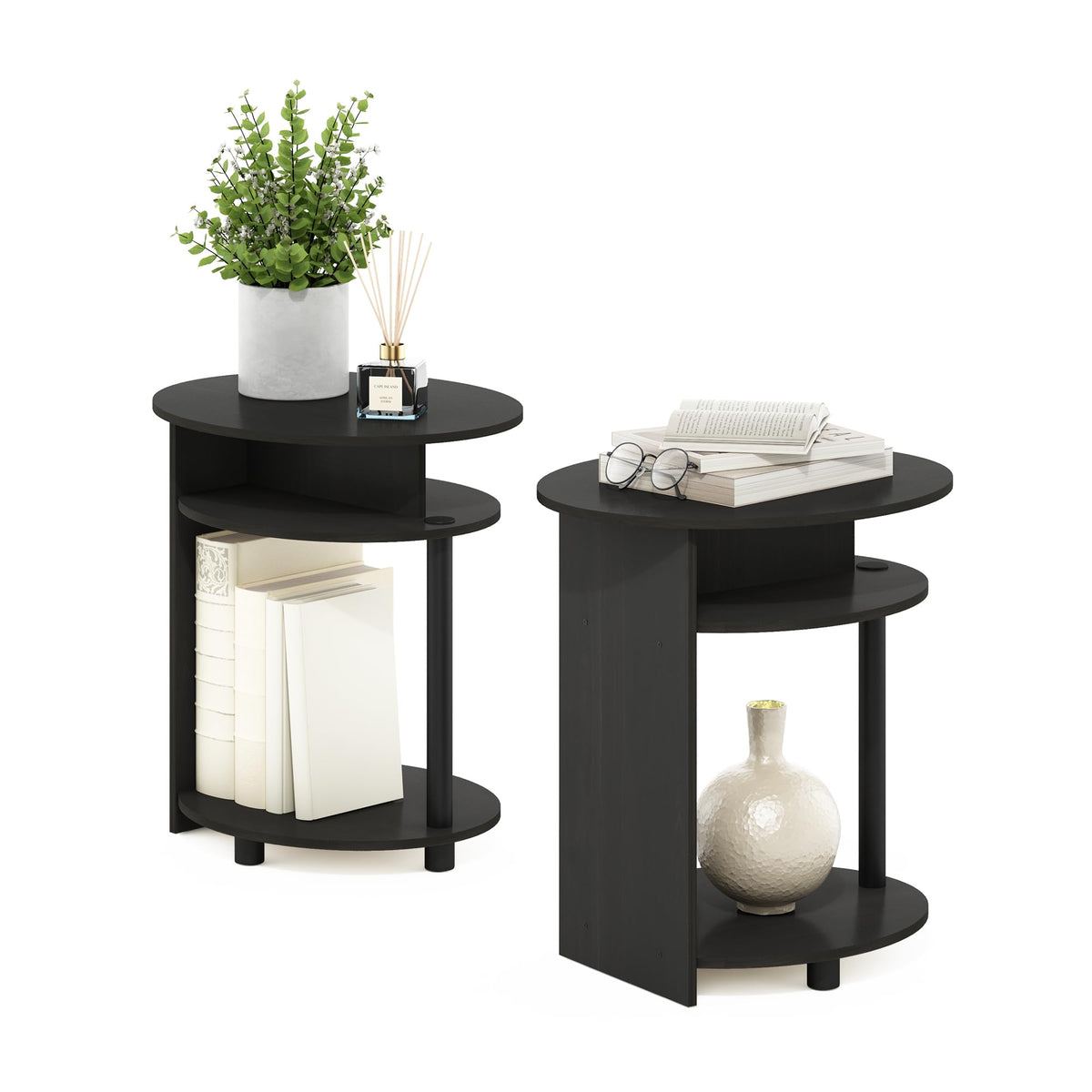 Set of 2 Round End Table with Oval Tabletop and Open Shelf, Walnut L711