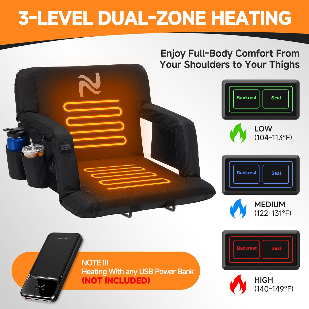 Wide Heated Stadium Seat with Back Support & Cushion J376061