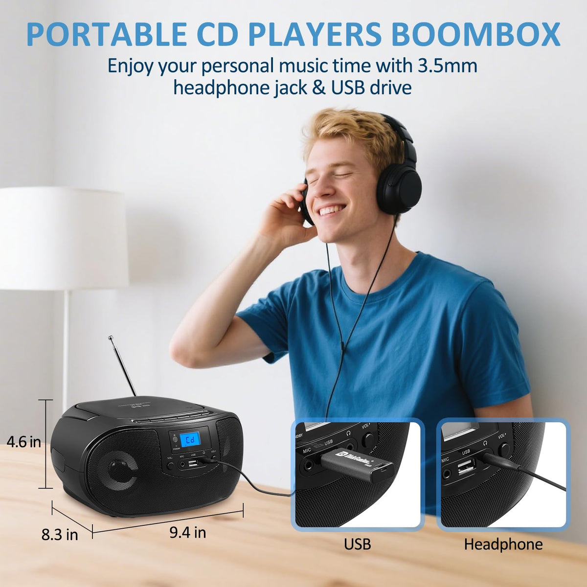 Portable CD Player Boombox with FM Radio, Bluetooth, Remote Control, Black T227