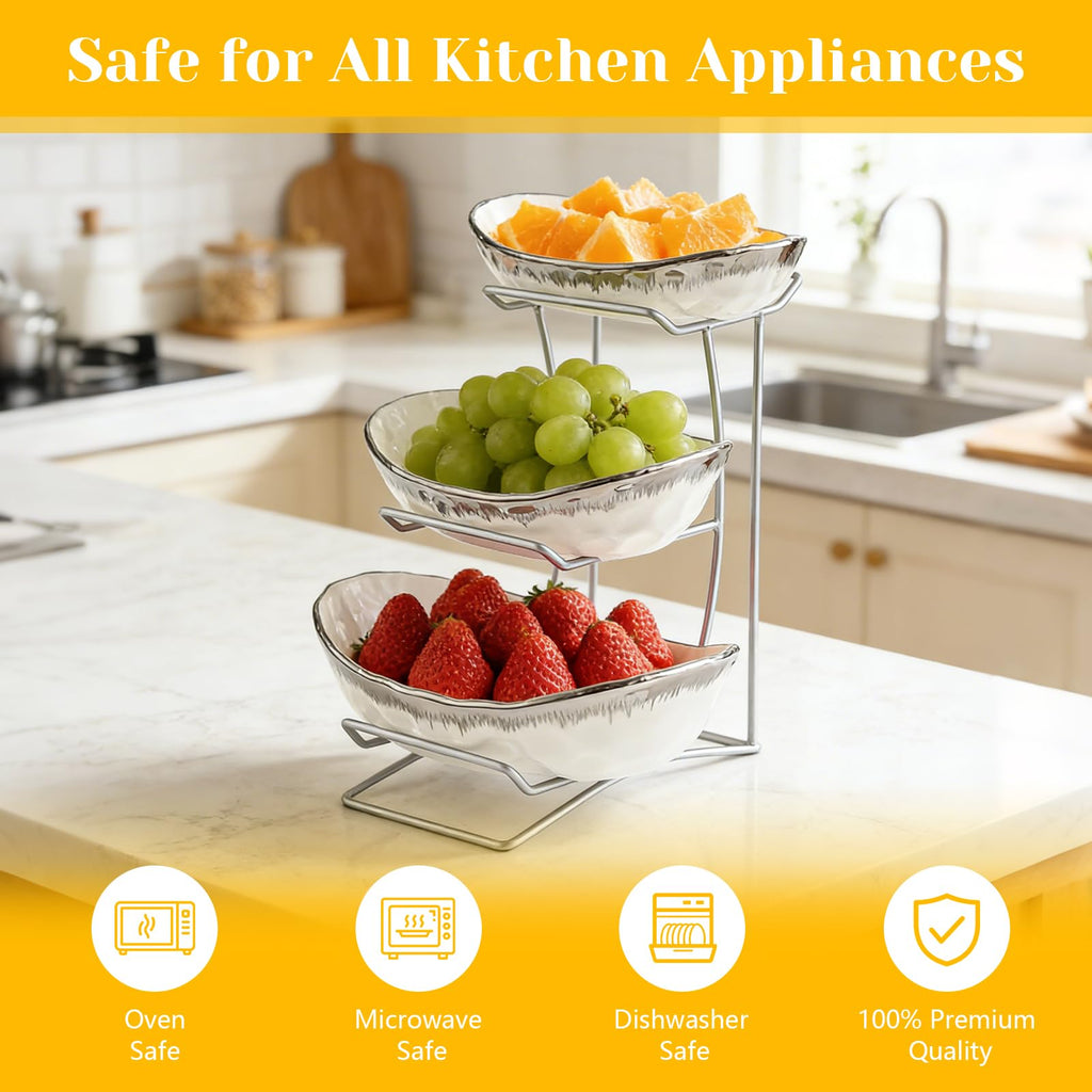 3 Tier Ceramic Fruit Bowl with Metal Stand U7337