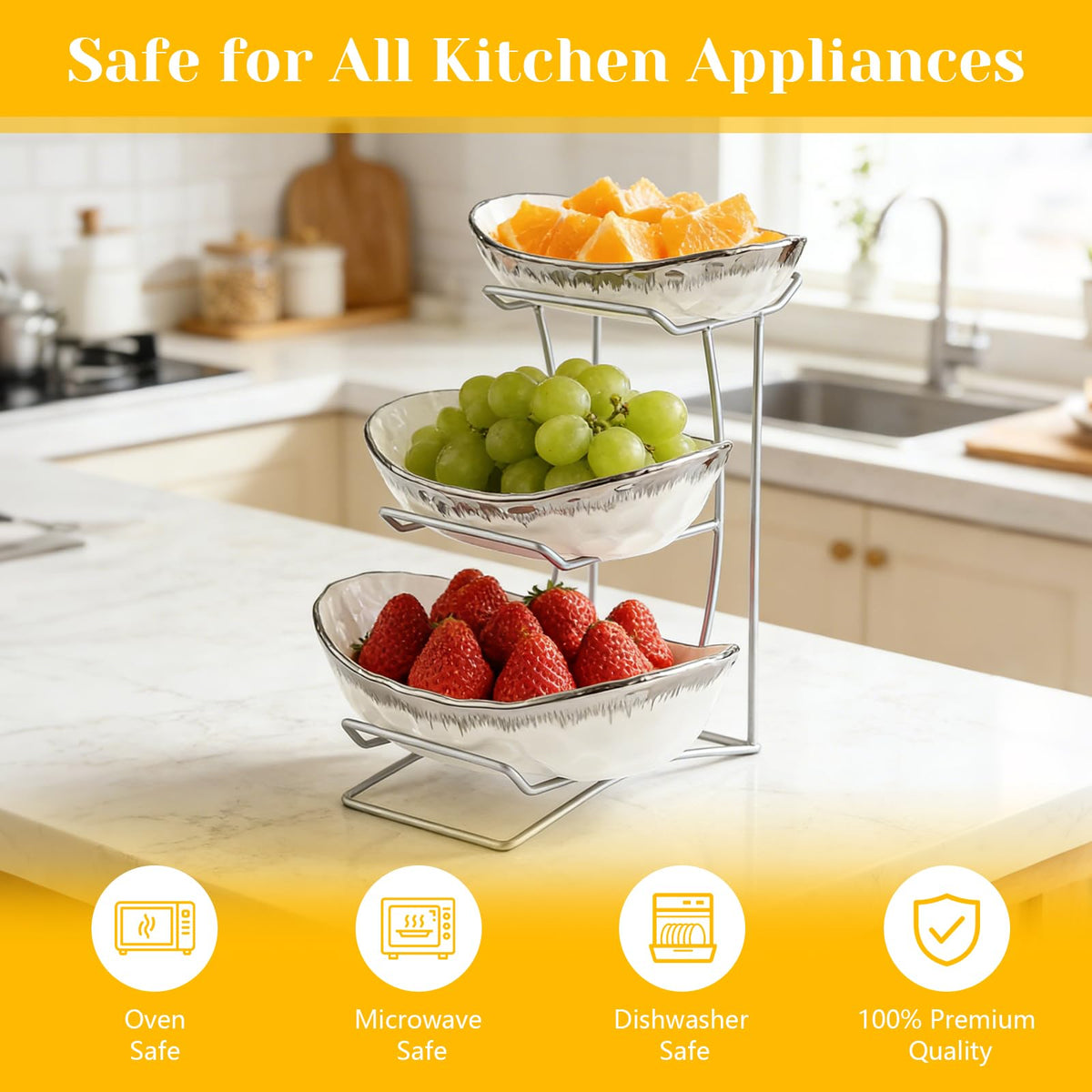 3 Tier Ceramic Fruit Bowl with Metal Stand U7337