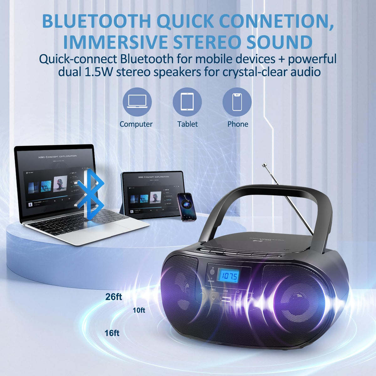 Portable CD Player Boombox with FM Radio, Bluetooth, Remote Control, Black T227