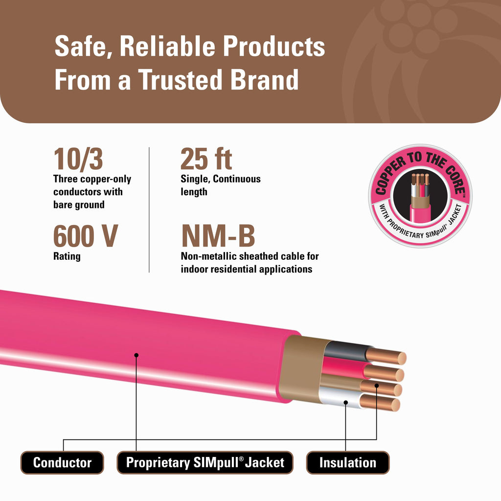 10 Gauge 3 Conductor 25Ft Pink Residential Wire V88908