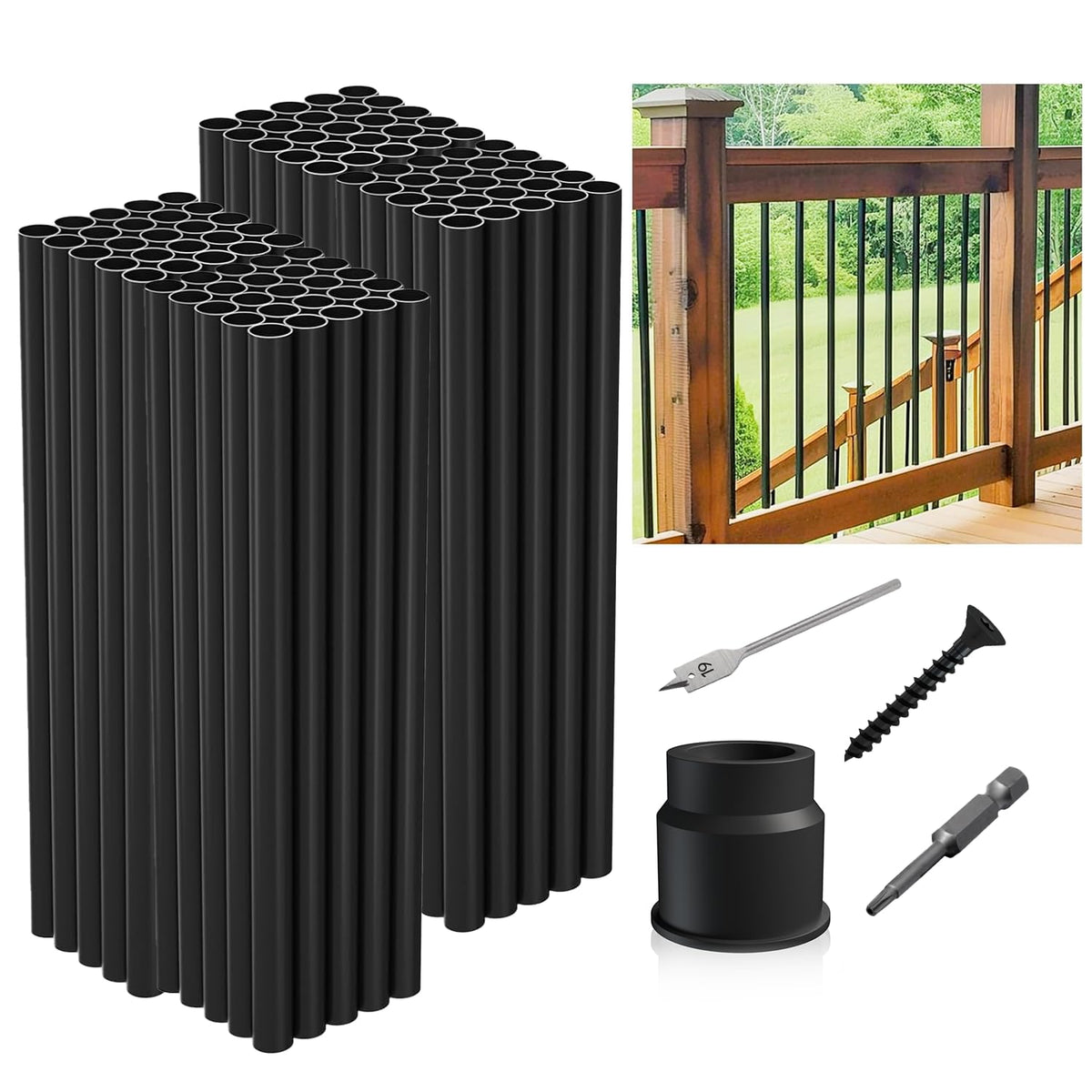 32"-100Pack Aluminum Deck Balusters Hollow Round Deck Railing Spindles Matte Coated Black T511