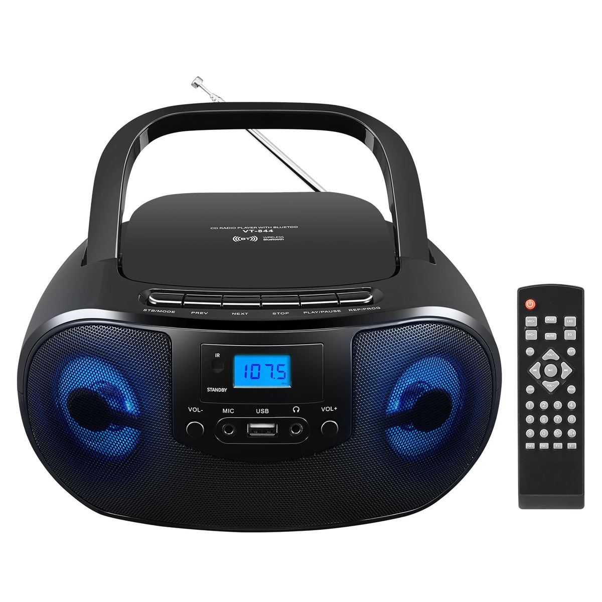 Portable CD Player Boombox with FM Radio, Bluetooth, Remote Control, Black T227