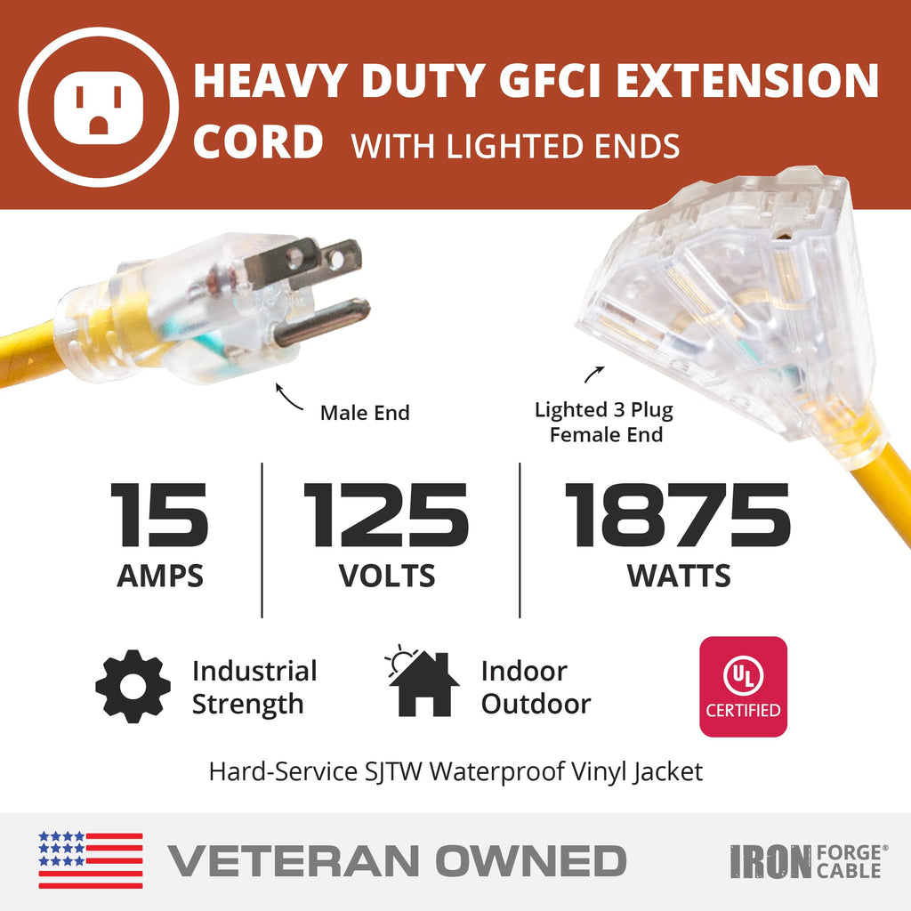 50 Foot Lighted Outdoor Extension Cord with 3 Outlets U567