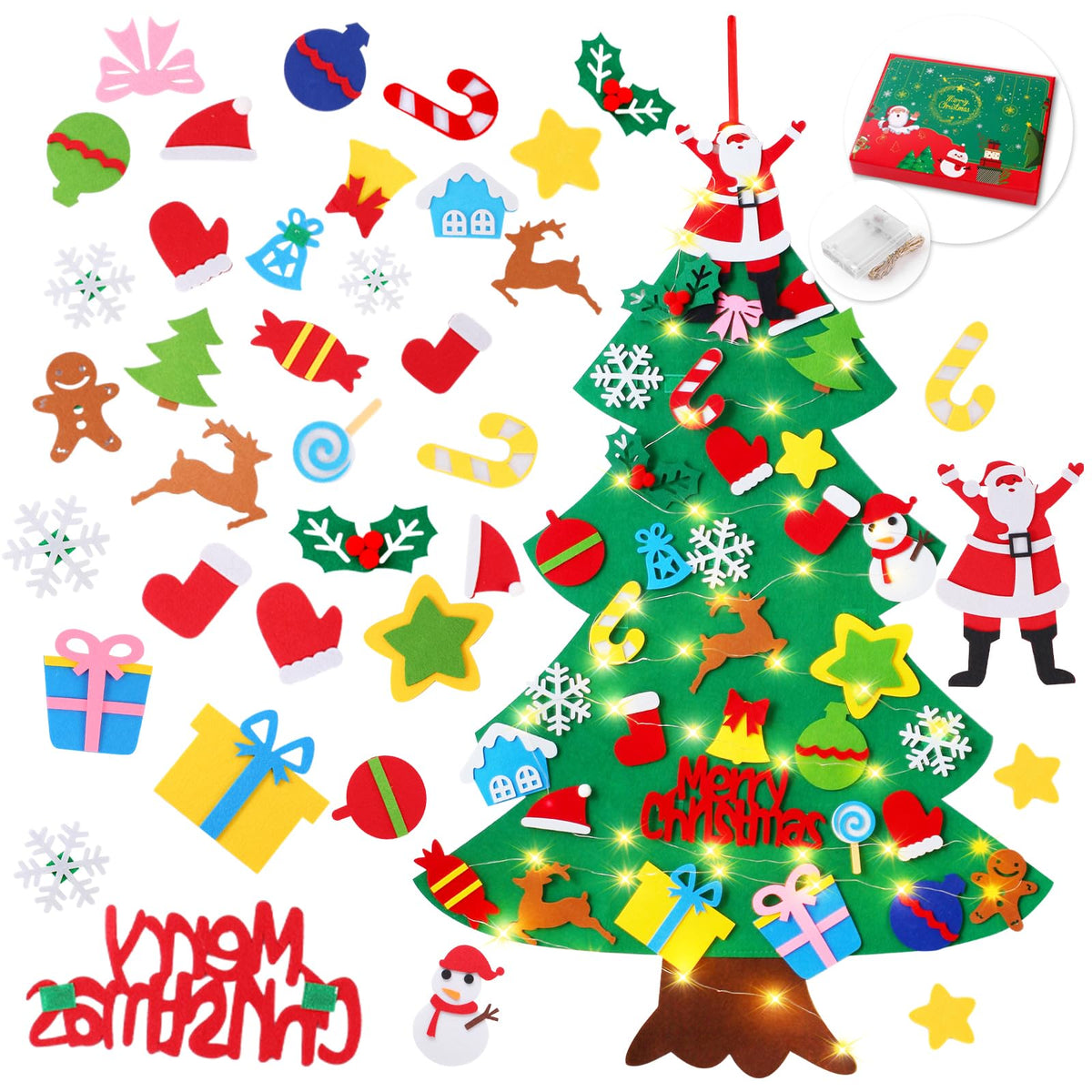 Felt Christmas Tree for Toddlers, 3.2ft Wall Hanging DIY Xmas Decorations with String Light G40331