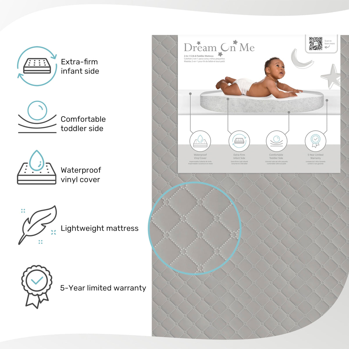 4” Firm Fiber Crib & Toddler Bed Mattress, Dual-Sided, Waterproof, Grey Embossed Vinyl Cover X584