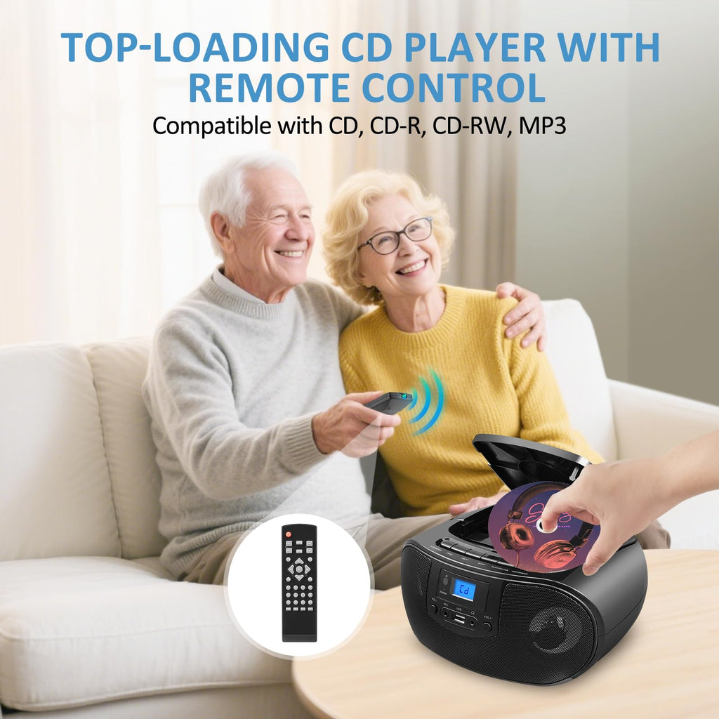 Portable CD Player Boombox with FM Radio, Bluetooth, Remote Control, Black T227