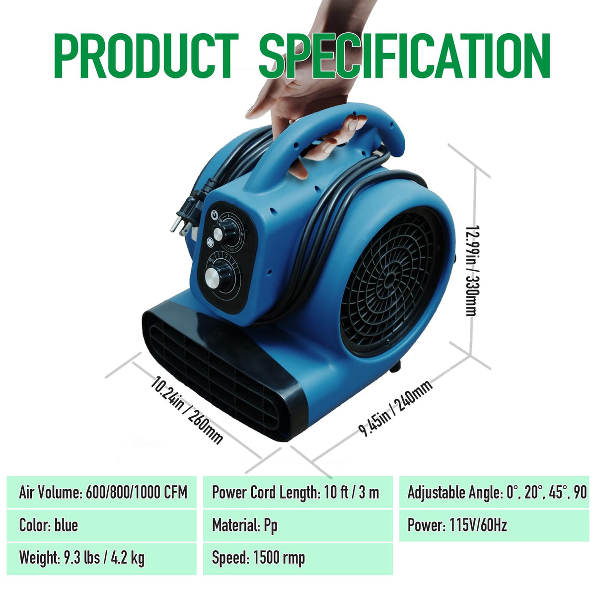 1/4 HP 1000 CFM Portable Floor Blower Fan J9606