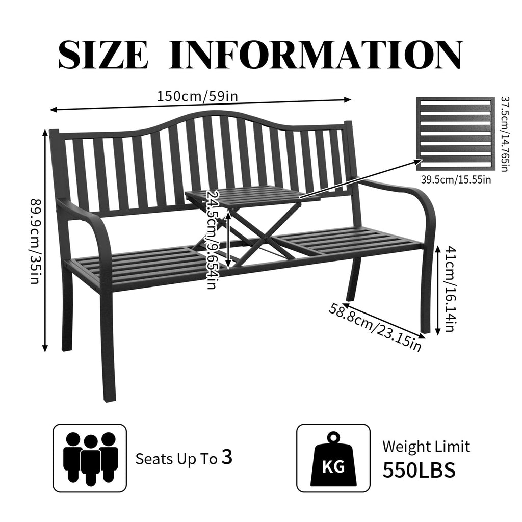 59 Inches Metal Outdoor Bench with Pull-Out Table Y570106
