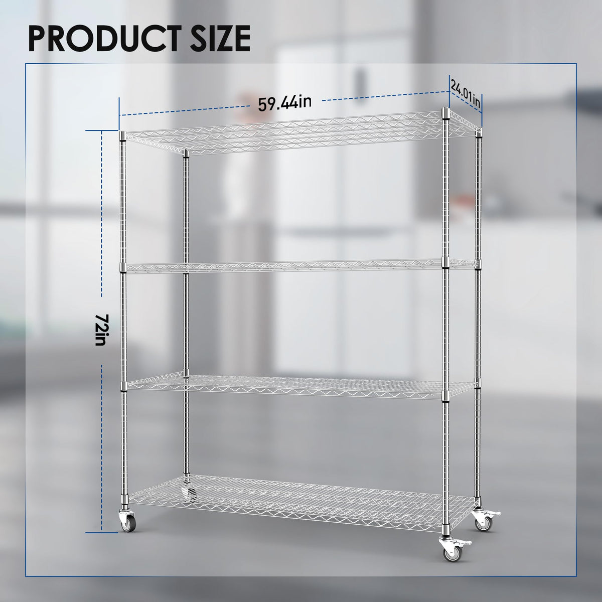 60" W 4-Tier Heavy Duty Wire Shelving 72" H x 24" D Metal Storage Rack with Wheels T95622