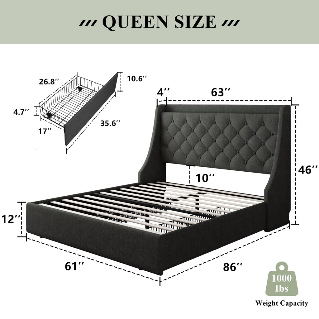 Queen Bed Frame with 4 Storage Drawers Upholstered Dark Grey V2222