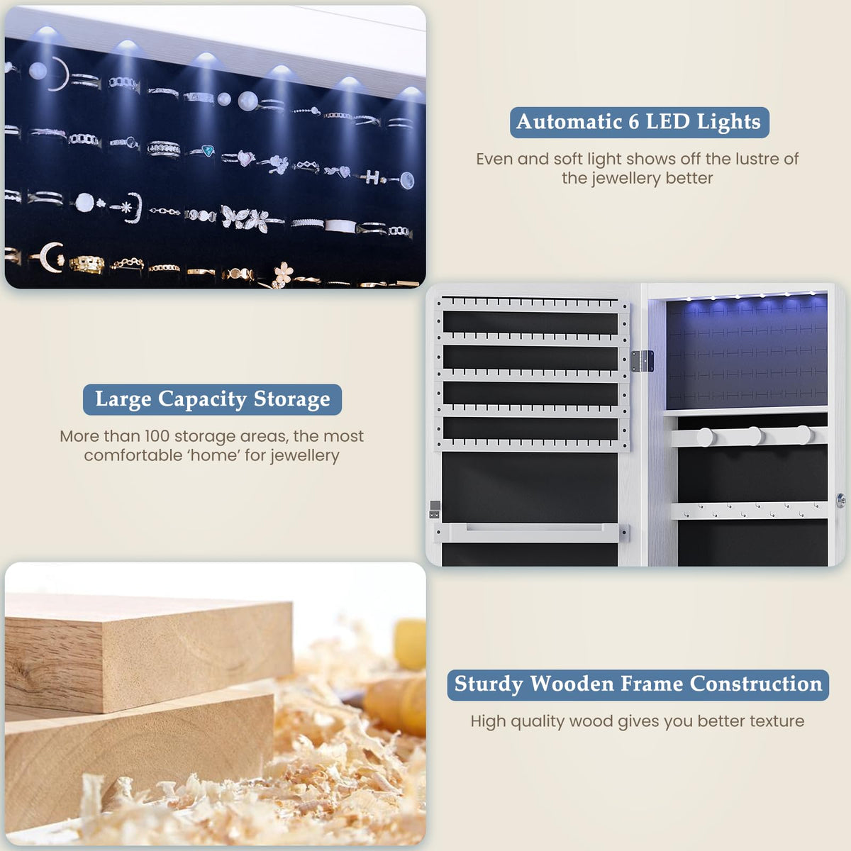 White 6 LEDs Mirror Jewelry Cabinet D22539