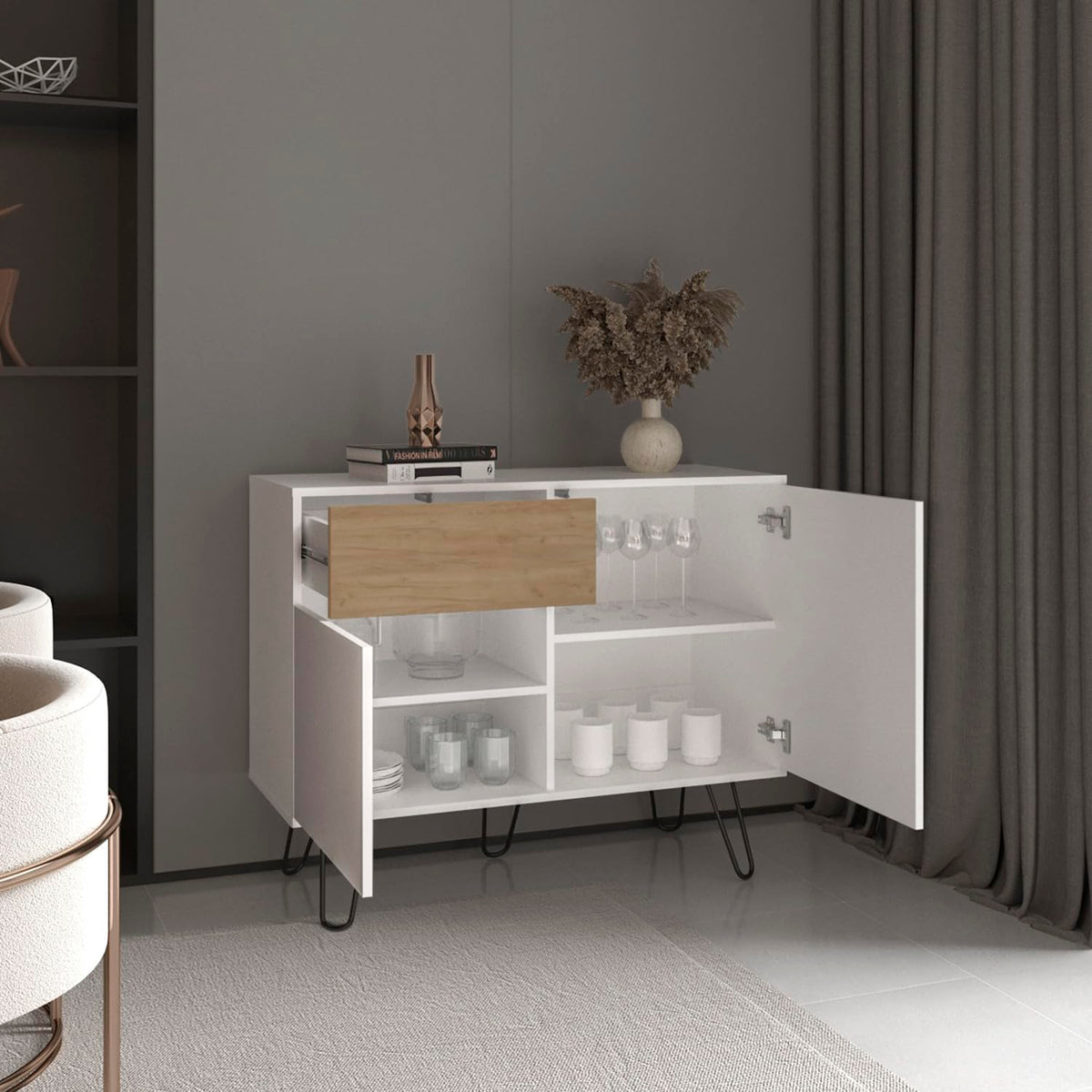 39" Wide White & Oak Console Table with 2 Cabinets, 1 Drawer, 4 Shelves T12790