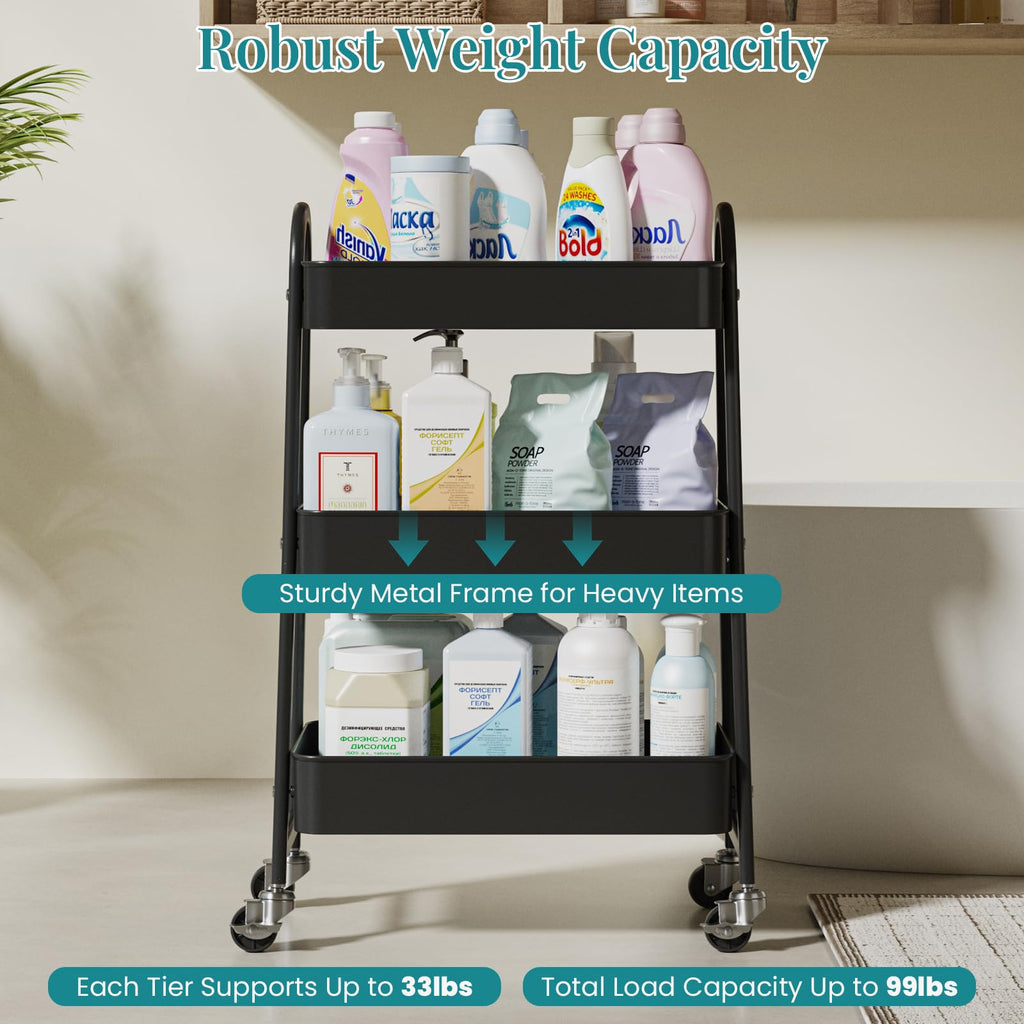 3-Tier Metal Rolling Utility Cart with Lockable Wheels S583