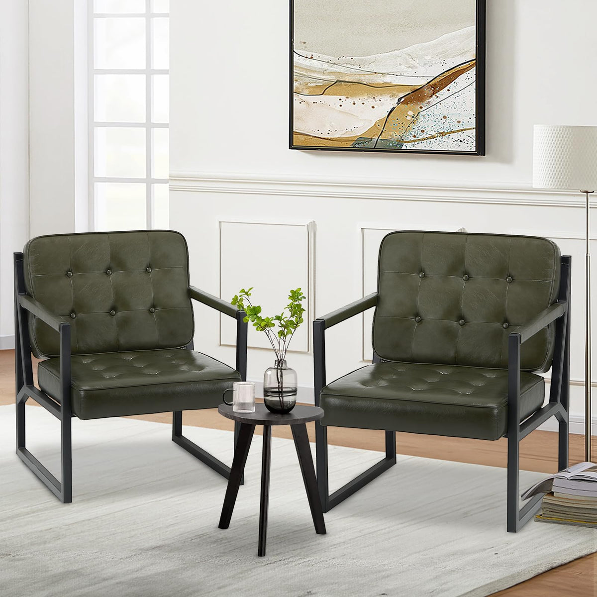 Set of 2 Green Leather Accent Chairs with Metal Legs Z17823