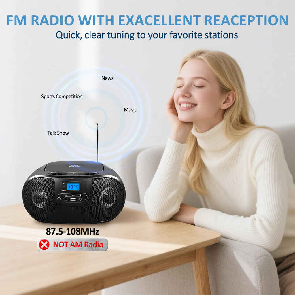 Portable CD Player Boombox with FM Radio, Bluetooth, Remote Control, Black T227
