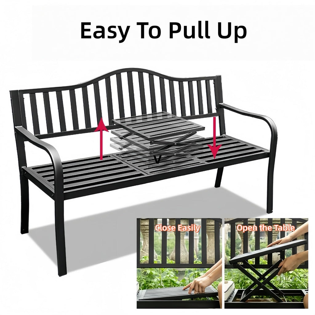 59 Inches Metal Outdoor Bench with Pull-Out Table Y570106