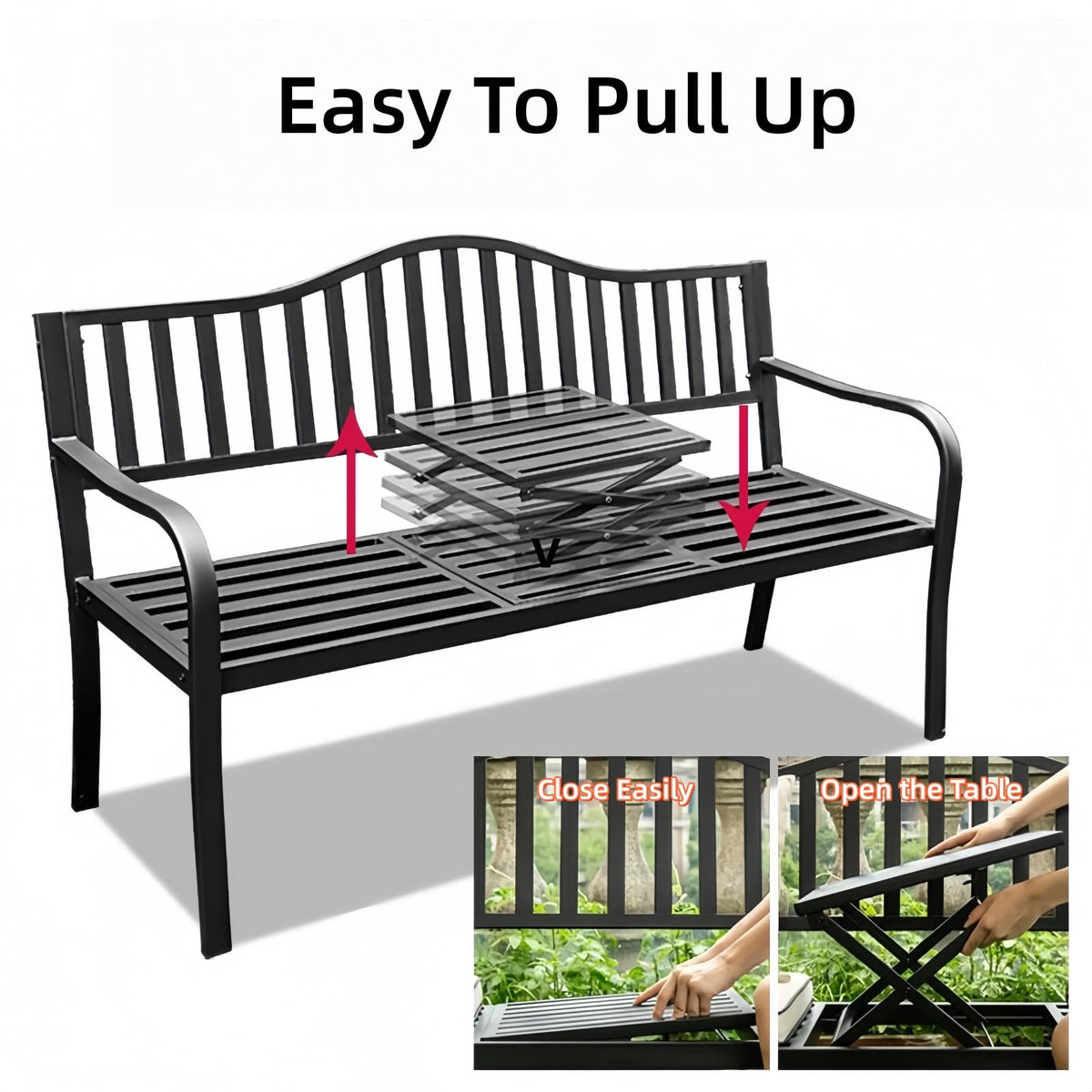 59 Inches Metal Outdoor Bench with Pull-Out Table Y570106