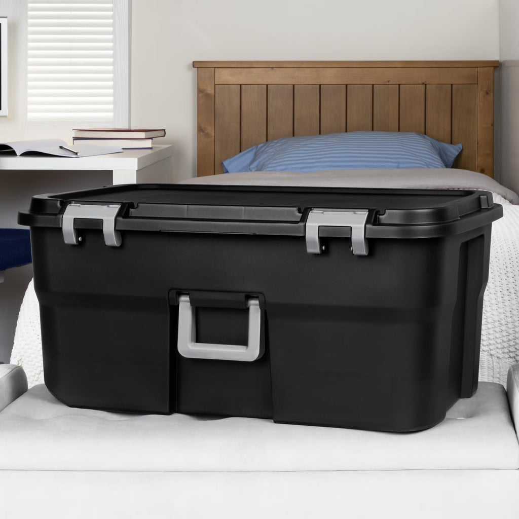22 Gallon Black Wheeled Plastic Storage Trunk with Lids O7409