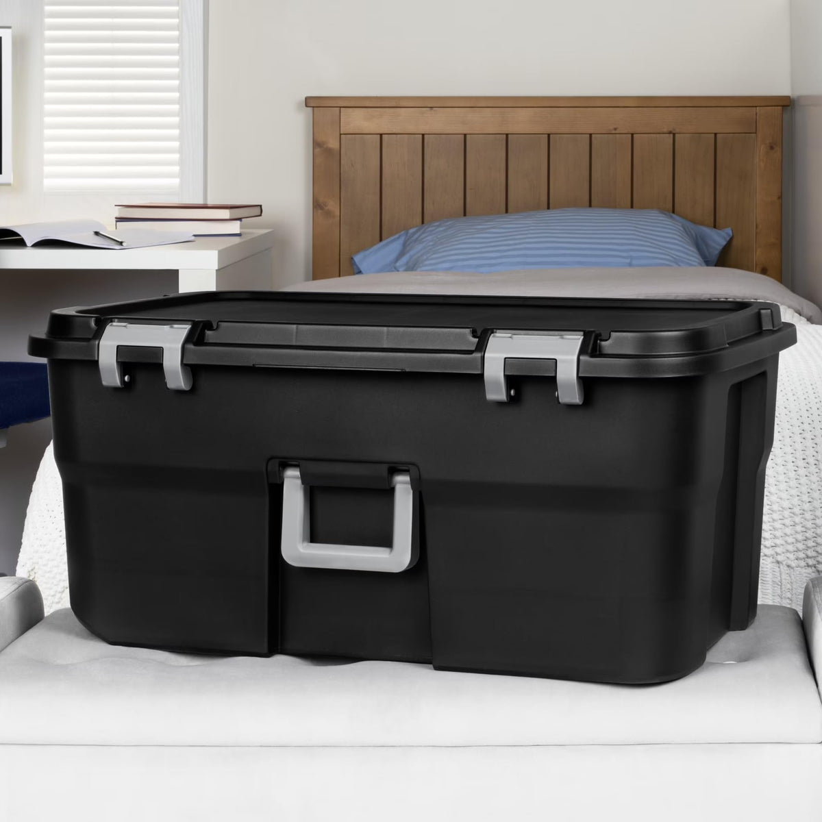 22 Gallon Black Wheeled Plastic Storage Trunk with Lids O7409