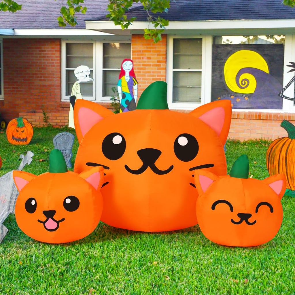 5FT Inflatable Three Pumpkin Cat Head with Built-in LEDs K256